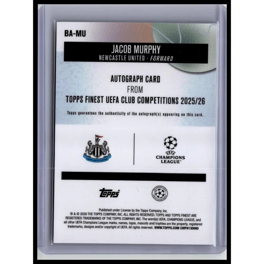 2025-26 Finest UEFA Jacob Murphy #BA-MU Newcastle Base Auto Purple Wave #/75